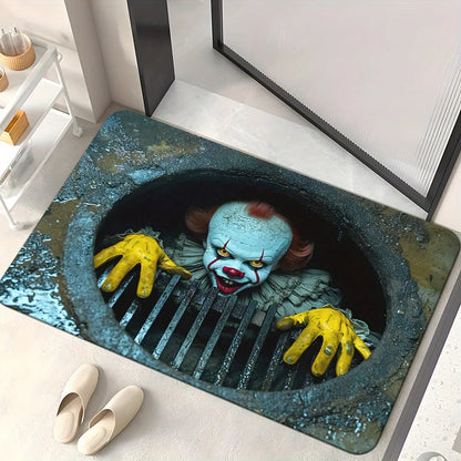 Sewer Terror Joker 3D Doormat, Polyester Non-Slip Absorbent Machine Washable Rug for Multi-Room Halloween Holiday Decor