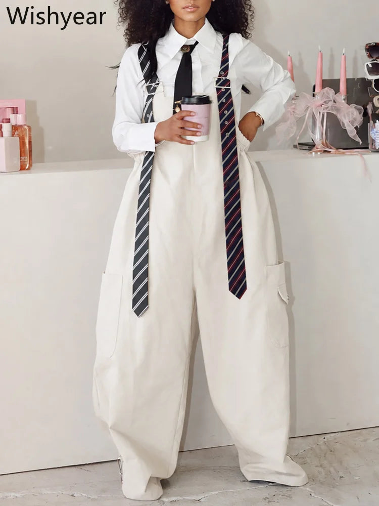 Women’s Overalls Jumpsuit Long Sleeve Shirt Style Patchwork Tie Detail Wide Leg Cargo Pants Casual Office Work Party Streetwear
