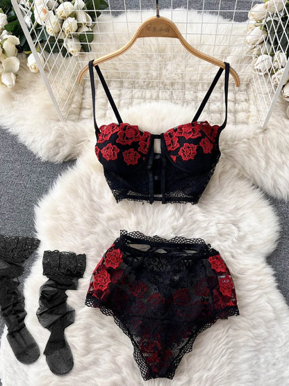 Coquette Lace Lingerie Set Sexy Mesh Bodysuit Valentines Day Sleepwear Gothic Strappy Catsuit Intimate Nightwear Romper