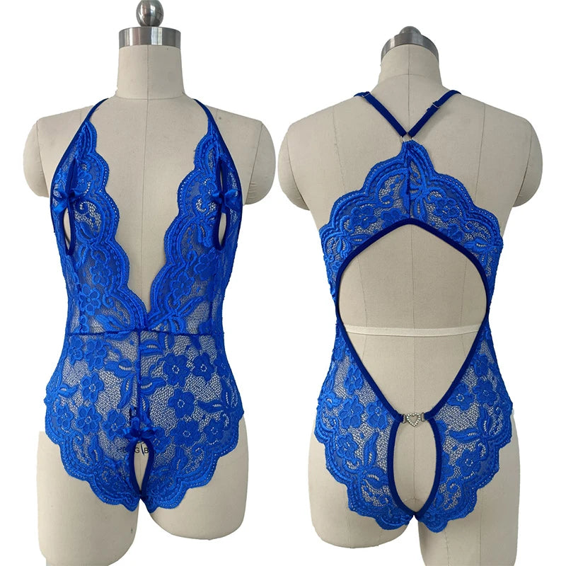 Sexy Crotchless Bodysuit Women Lace Hollow Rompers Erotic Clothes Deep V Open Bra Teddy Bodysuits Dress Black Jumpsuit One Piece