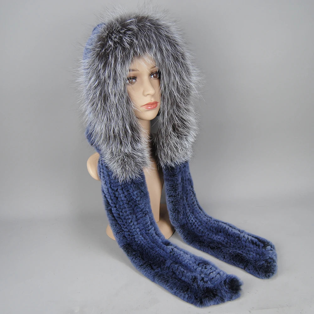 Lady Warm Fluffy Real Rex Rabbit Fur Hat Scarf Luxury Knit Fur Caps Muffler Winter Thick Women 100% Natural Fox Fur Hat Scarves
