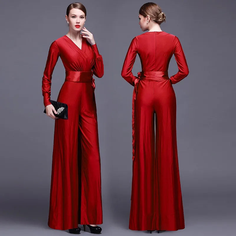 Fashion Women Long Sleeve Sexy V Neck Wide Leg Rompers Belted High Waist Jumpsuits Long Office Ladies Outfits Jumpsuit Colors