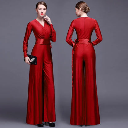 Fashion Women Long Sleeve Sexy V Neck Wide Leg Rompers Belted High Waist Jumpsuits Long Office Ladies Outfits Jumpsuit Colors