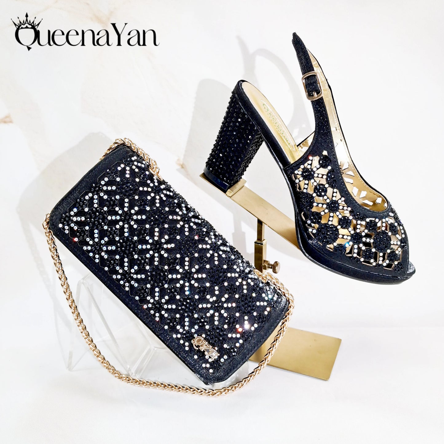 Queena Yan Popularity Olive Color Rhinestone Decoration Design Peep Toe Party Wedding Women High Heels and Bag Set