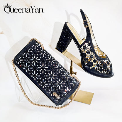 Queena Yan Popularity Olive Color Rhinestone Decoration Design Peep Toe Party Wedding Women High Heels and Bag Set