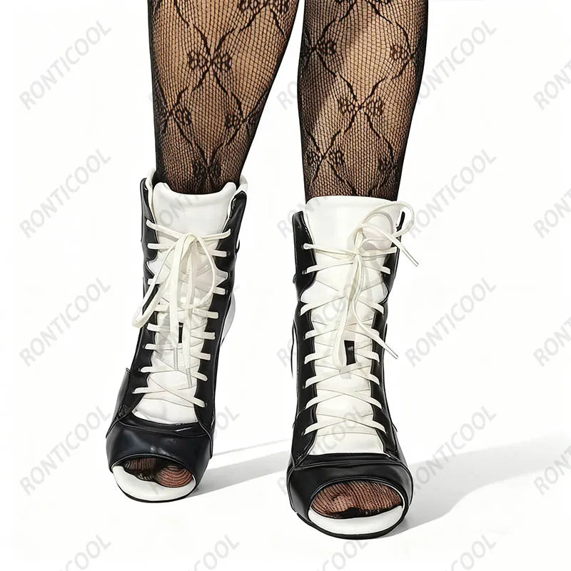 Ronticool Handmade Peep Toe Ankle Boots - Black and White Leather High Heel Shoes with Lace Up Design Size 36-43