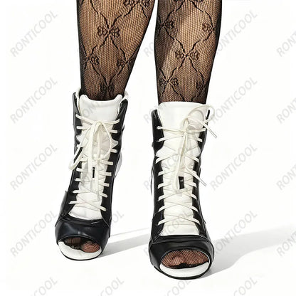 Ronticool Handmade Peep Toe Ankle Boots - Black and White Leather High Heel Shoes with Lace Up Design Size 36-43