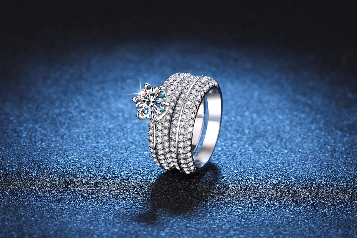 Women's PT950 Platinum Double Band Ring, High-Precision Craftsmanship, 1 Carat Moissanite Ring Set