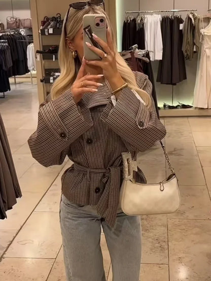 Trendy Plaid Cropped Trench Coat Women Chic Lapel Double Breasted Belted Waist Tie Long Sleeve Jacket Fall Windbreaker Outerwear