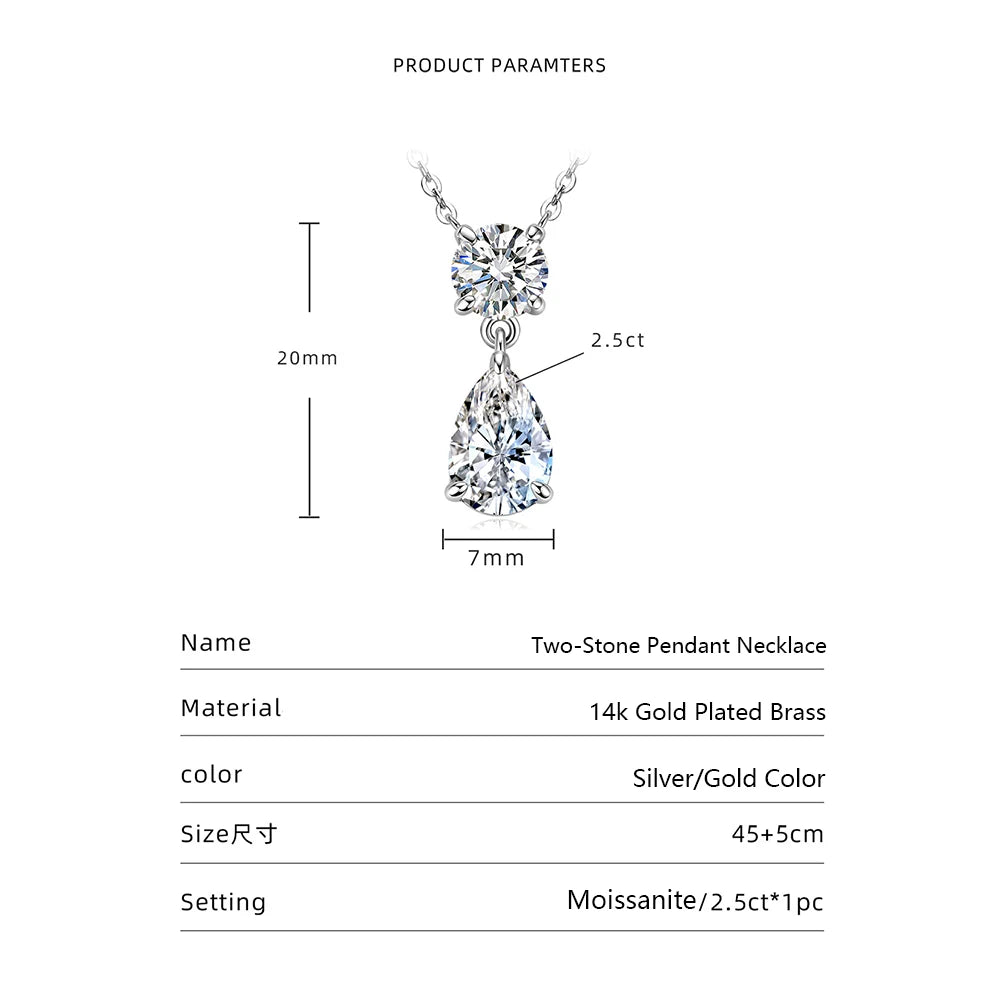 Celestinova 2.5ct GRA Pear Teardrop Moissanite Pendant Necklace Two-Stone Zircon 14K Gold Plated Jewelry for Women