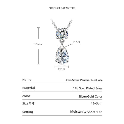 Celestinova 2.5ct GRA Pear Teardrop Moissanite Pendant Necklace Two-Stone Zircon 14K Gold Plated Jewelry for Women