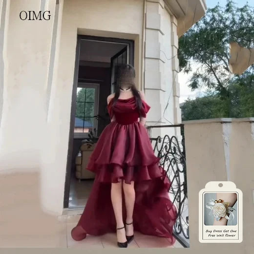 OIMG Elegant Burgundy Off The Shoulder Asymmetry Prom Gowns Backless Gala-ready Party Gown Floor Length Evening Dress Customized