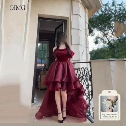 OIMG Elegant Burgundy Off The Shoulder Asymmetry Prom Gowns Backless Gala-ready Party Gown Floor Length Evening Dress Customized