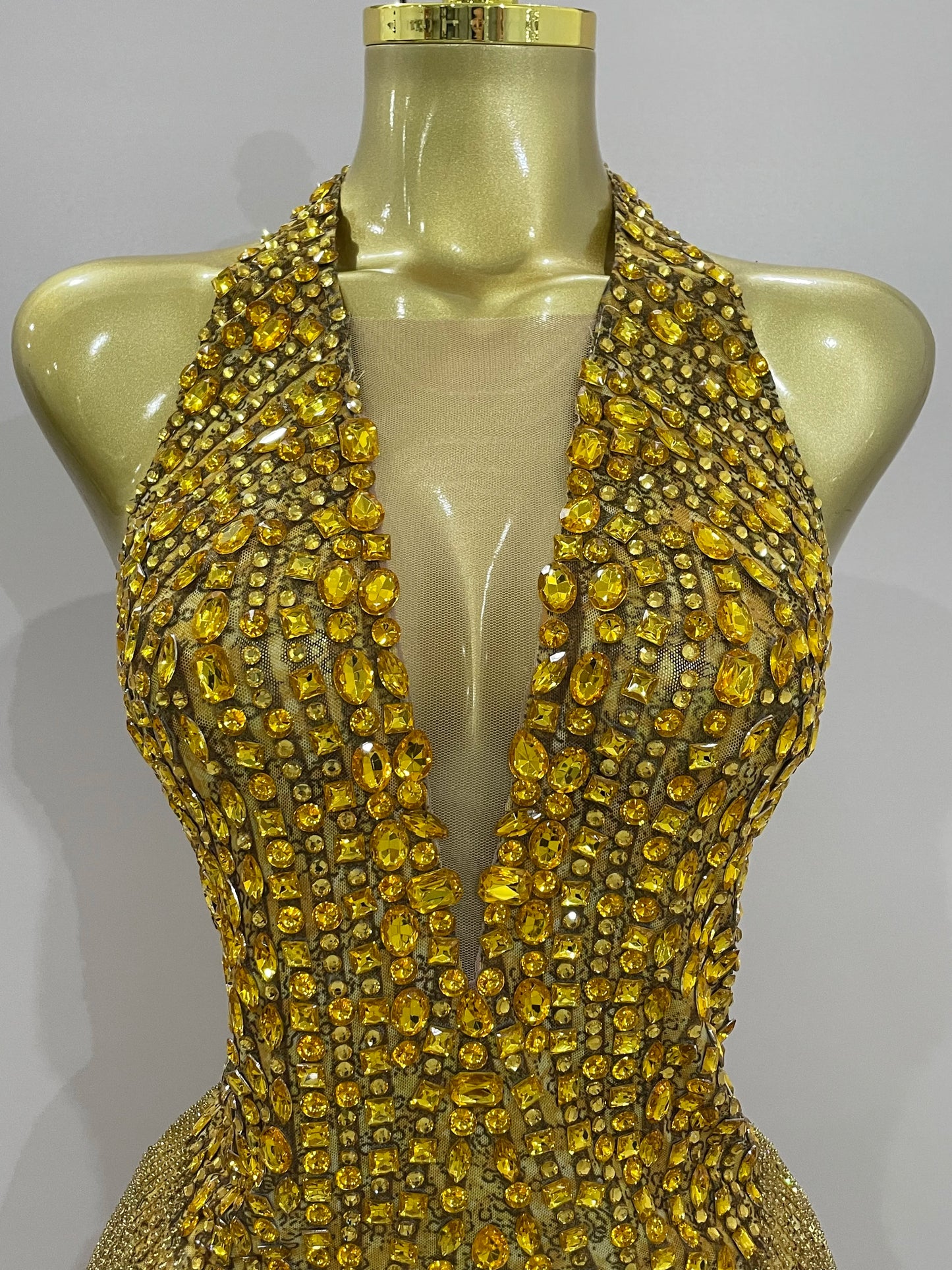 Luxury Golden Rhinestone Sexy Mesh Stretch Bodysuits Women Birthday Dancer Performance Stage Wear Nightclub Team Hotwife Outfit