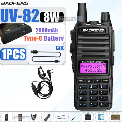1/2Pcs Baofeng UV-82 Walkie Talkie 5/8W Tri-Power FM Radio Type-C Charger Dual PTT Dual Band VHF/UHF Two Way Camouflage For Hunt