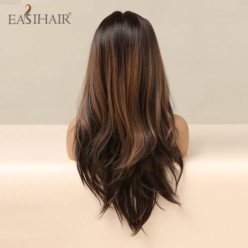EASIHAIR Lace Front Hair Wigs Brown Long Straight Synthetic Lace Wigs for Black Women Daily Cosplay Party Heat Resistant Fibers