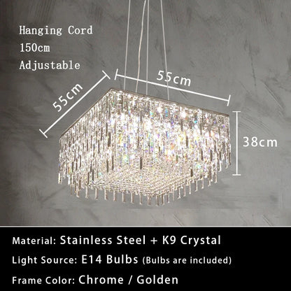 Luxury Crystal Long Pendant Lights Modern Lustres LED Chrome Hanging Lamps for Ceiling Silver Home Decor for Dining Room Remote