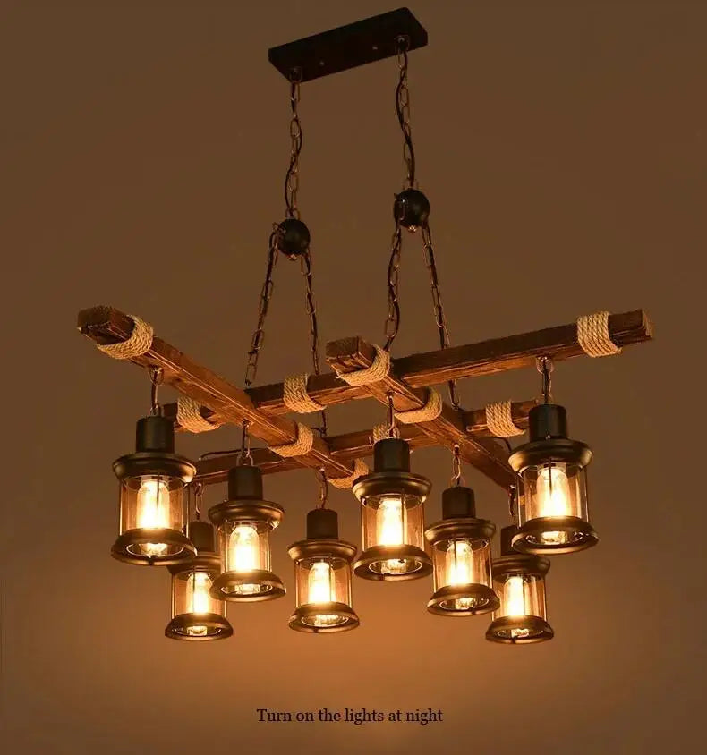 8 Lights Retro Wood Pendant Lights 8 Head Vintage Industrial Loft Glass Iron LED Chandelier Suspension Lamp Wooden Droplight