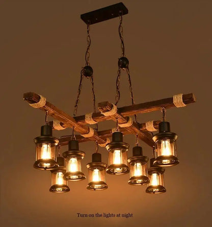 8 Lights Retro Wood Pendant Lights 8 Head Vintage Industrial Loft Glass Iron LED Chandelier Suspension Lamp Wooden Droplight
