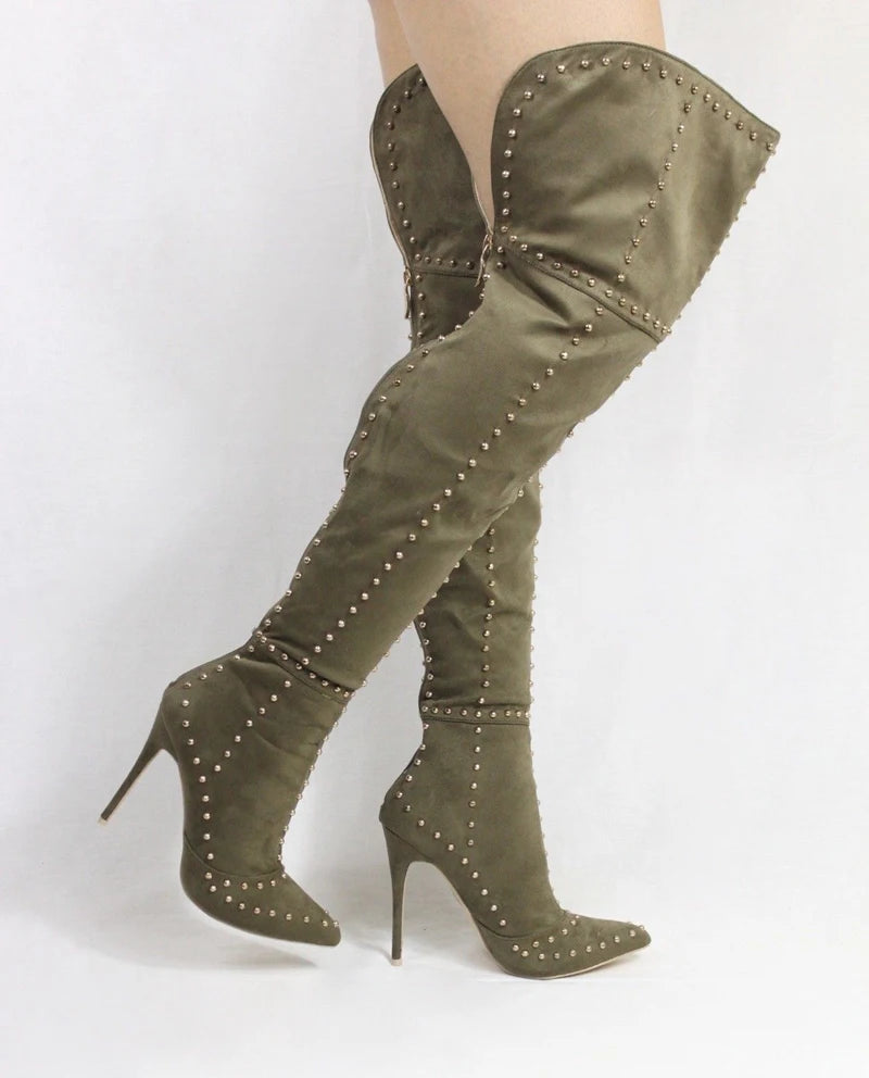 Sexy Green Blue Suede Gold Studs Women Over The Knee Boots Ladies High Heel Thick Slip On Point Toe Rivets Motorcycle Botas