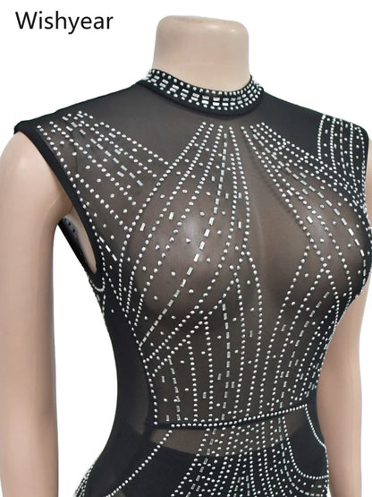 Women One Piece Party Jumpsuit High Neck Sheer Mesh Rhinestone Beading Cap Sleeve Bodycon Long Romper for Cocktail Club Night