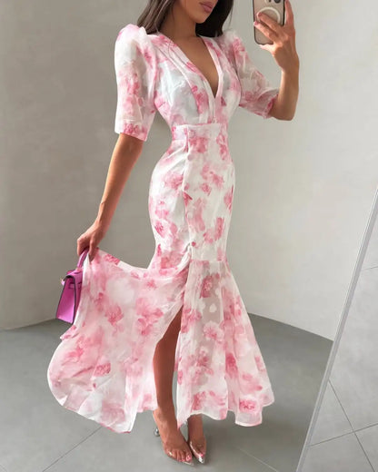 Women Printed V Neck Long Dress Flared Sleeve Lotus Leaf Edge High Waist Slim Fit Maxi Dresses Lady Elegant Evening Party Dress