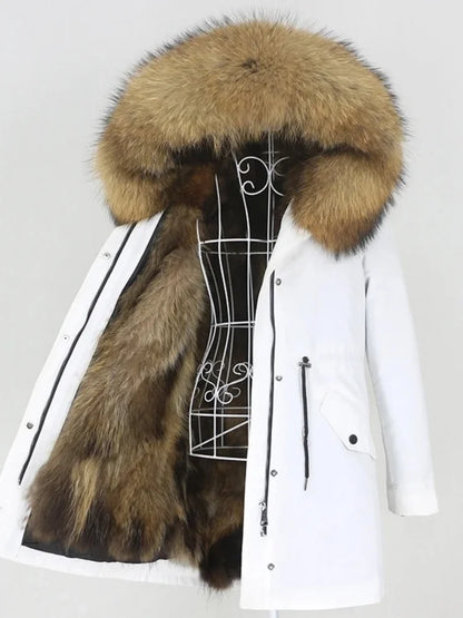 Real Fur Coat Winter Jacket Women Long Parka Waterproof Big Natural Raccoon Fur Collar Hood Thick Warm Real Fox Fur Liner coat