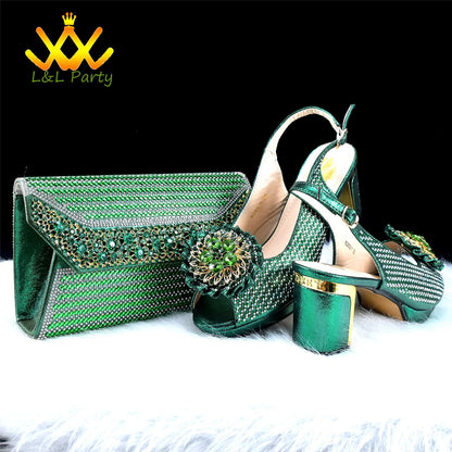 2024 Special New Arrivals Italian Women Shoes and Bag to Match in Green Color with Platform Shinning Crystal Sandal for Wedding