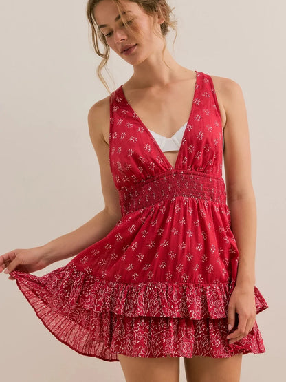 Women Summer Boho Floral Halter Mini Dress Deep V neck  Flowy Short Sling Dress Sleeveless Low Cut Holiday Sundress