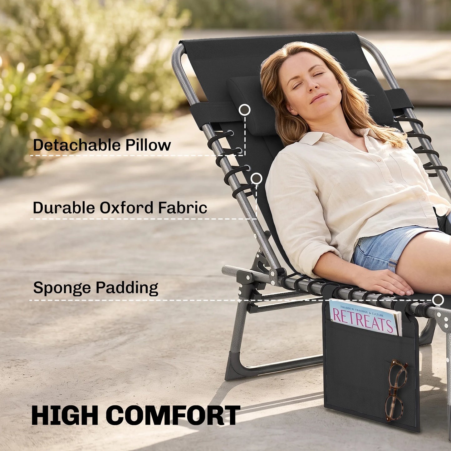 Outdoor Reclining Folding Chaise Lounge Chair, Adjustable, Padded, Pocket, Black