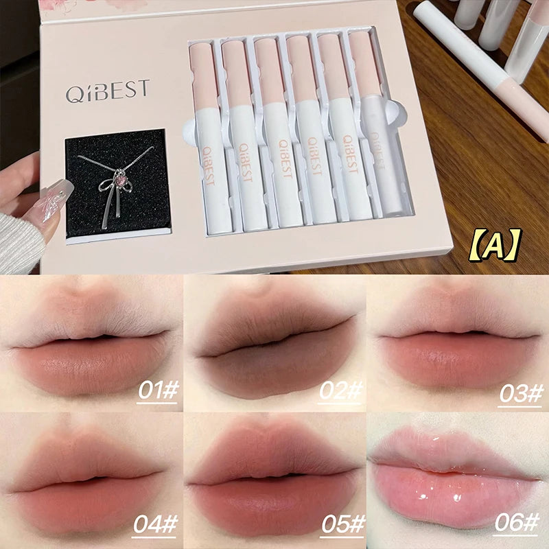 QIBEST 6Pcs/Box Matte Lipstick Sets And Mirror Watery Lip Glaze Lasting Lip Makeup Sets Moisturizing Lipgloss Necklace Gift