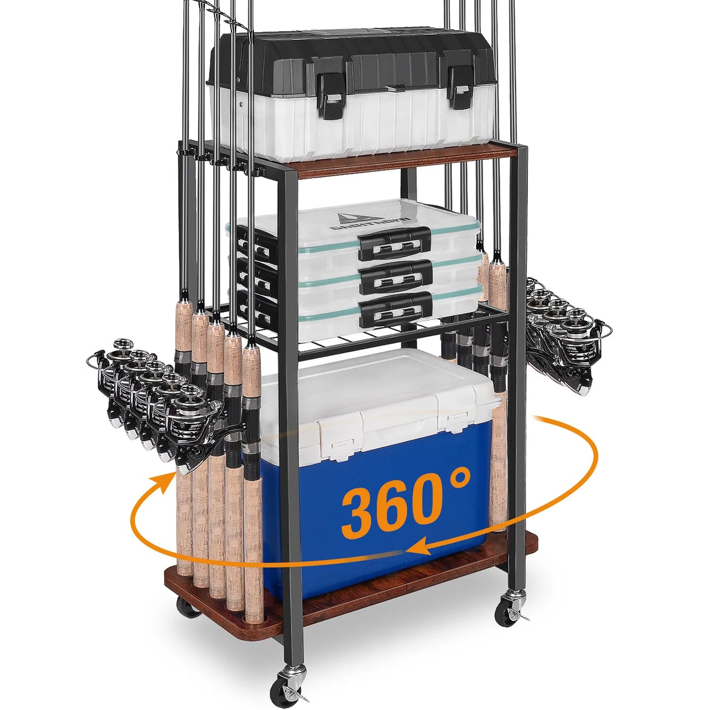 Fishing Rod Holders for Garage, Fishing Gear and equipment Rotating Tackle Storage Cart, Pole Rod Rack Hold up to 10 Rods