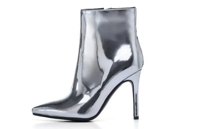 Design Ankle Boots Women Fashion Zipper Pointed  High Heels Gold Silver Patent Leather Short Booties Shoes Catwalk Shoes