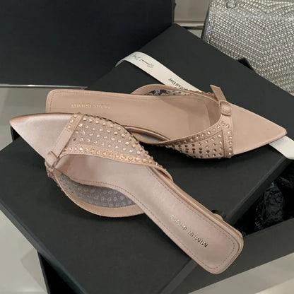 Luxury Rhinestone Mesh Kitten Heel Slippers Women Summer Sexy Pointed Toe Backless Slide Sandals Fashion Brand Designer Shoes