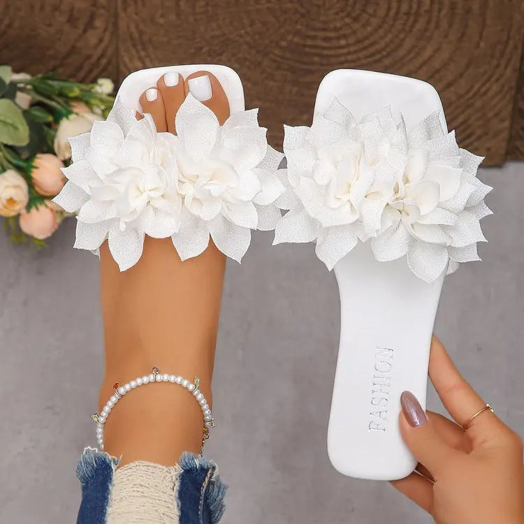 Women Flat Slippers 2026 Summer New Solid Color Sandals Flowers Open Toes Slippers Casual Fashionable Beach Shoes Slides Women