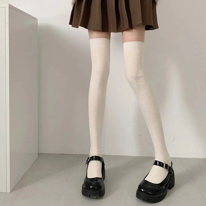 Autumn Winter Women's Stockings Girls Black White JK Lolita Long Tight Socks Vertical Stripes Cotton Over Knee Thigh High Socks