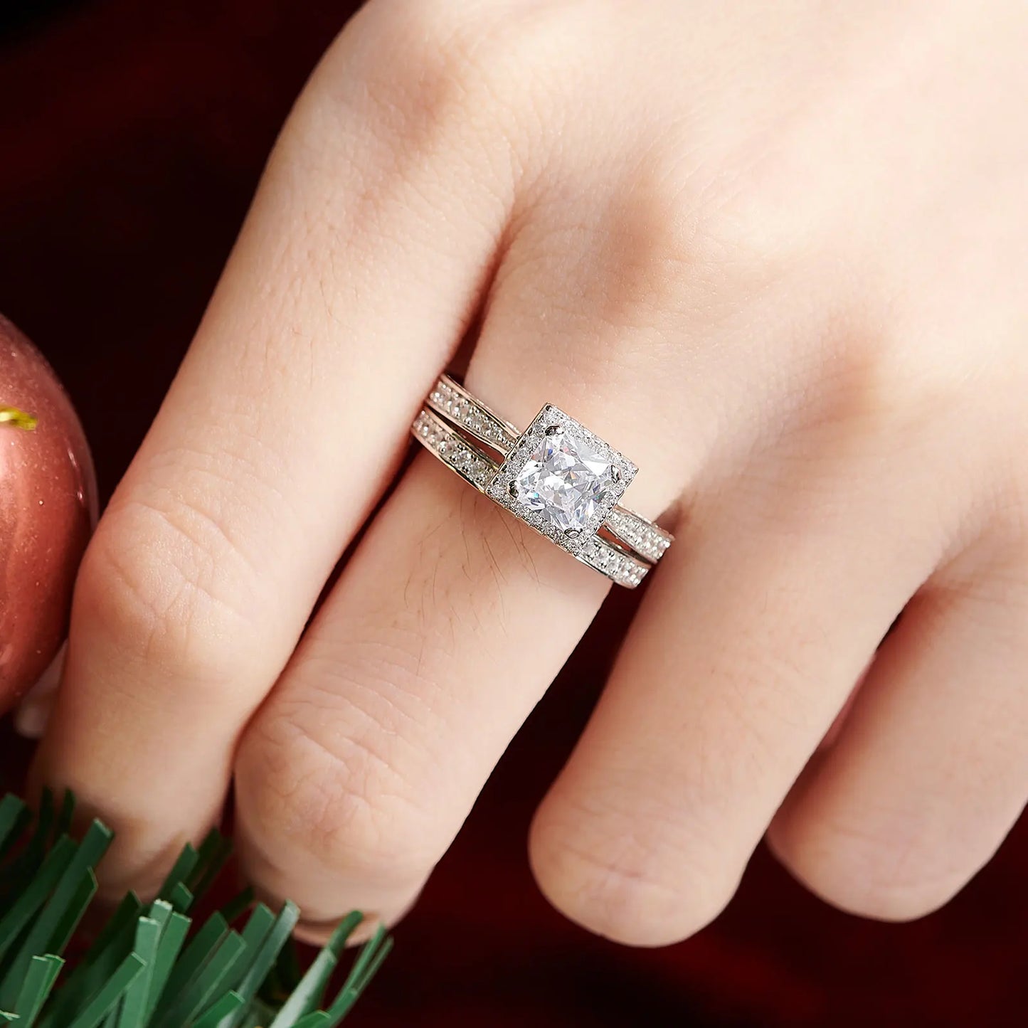 Newshe 2Pcs Genuine 925 Sterling Silver Moissanite /AAAAA Zircons Wedding Ring Set Halo Princess Cut Engagement Rings for Women