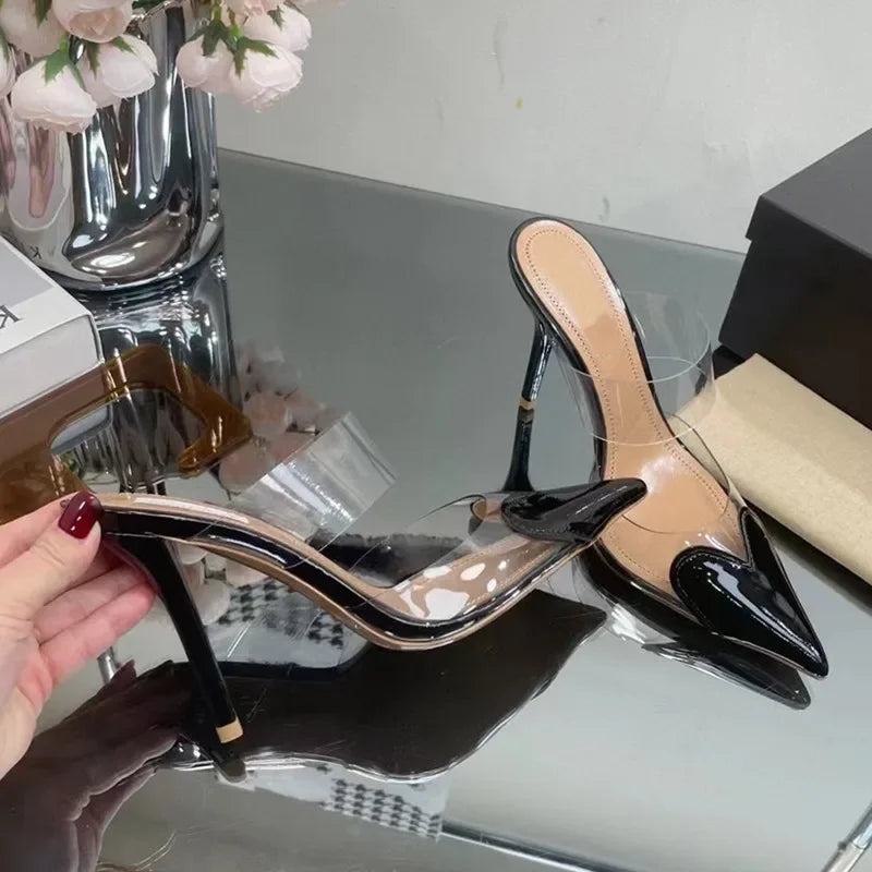 Elegant Pointed Toe Transparent PVC Heart High Heels Mules Slipper Shoes Women 2025 Black White Red Shoes Luxury Designer Pumps