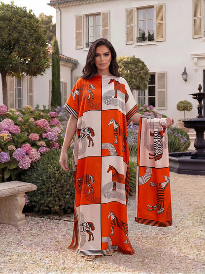 Boho Horse Leopard Geometric Print Satin Abaya Scarf Set, Loose Batwing Maxi Kaftan For Muslim Women Summer Beach Daily Wear