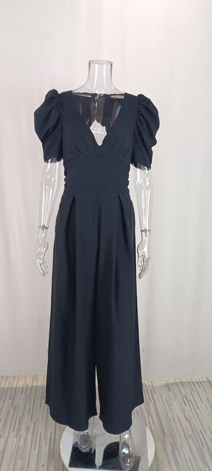 Summer Women's Slim Short Puff Sleeve V-neck Wide Leg Long Jumpsuit Elegant High Waist Ruched  Pocketed Solid color jumpsuits