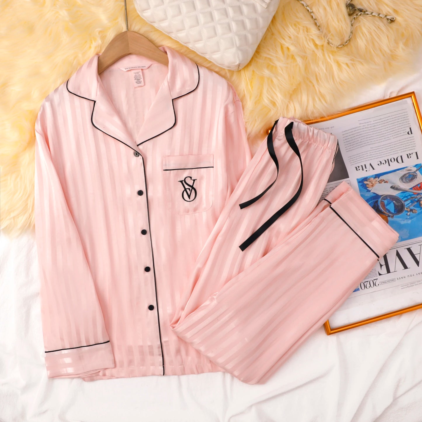 Victoria's Secret Suit Womens Silk Satin Pajamas Set Short Sleeve Shorts Sleepwear Loungewear Soft Breathable Button Down Pyjama