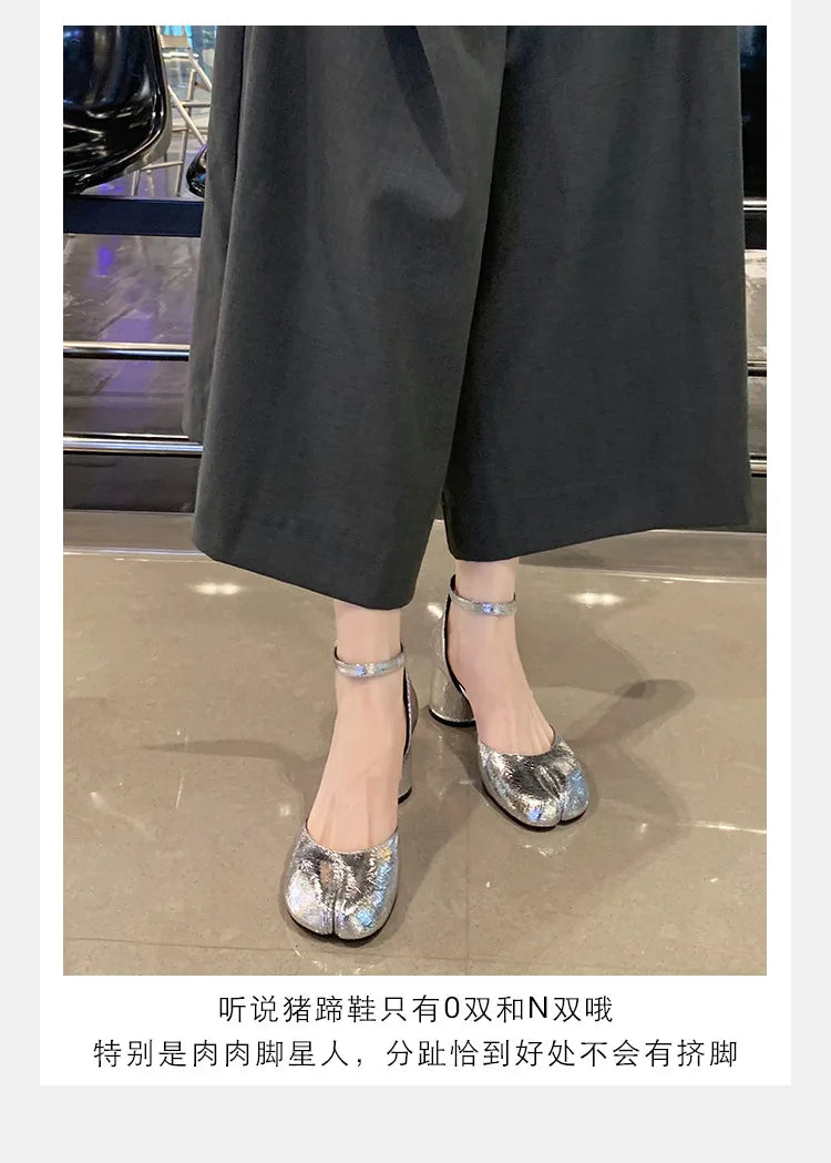 Modern Heels Pumps Women Round High Heel Leather Square Split Toe Pumps Shoes Spring Summer Sandals Mary Janes Shoes Heels Women