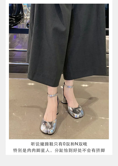 Modern Heels Pumps Women Round High Heel Leather Square Split Toe Pumps Shoes Spring Summer Sandals Mary Janes Shoes Heels Women