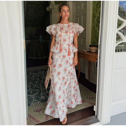 Women Printed V Neck Long Dress Flared Sleeve Lotus Leaf Edge High Waist Slim Fit Maxi Dresses Lady Elegant Evening Party Dress