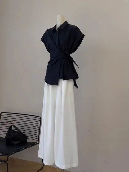 2026 New Women's Fashion Shirt And Pants Set Belted Loose Wide Leg Pants Thin Material Spring Autumn Wear High Waist Polyester