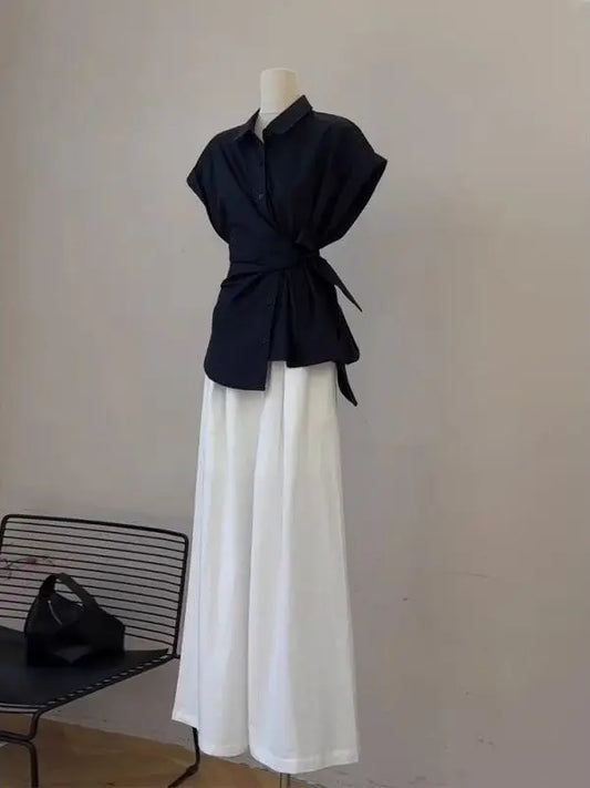 2026 New Women's Fashion Shirt And Pants Set Belted Loose Wide Leg Pants Thin Material Spring Autumn Wear High Waist Polyester