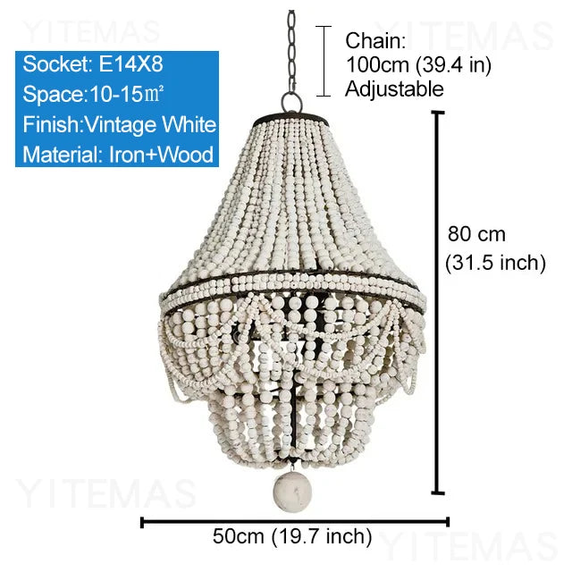 French Country white wood Bead Chandelier dining room bedroom princess Decorative chandelier 3/5 lights hanging light fixture