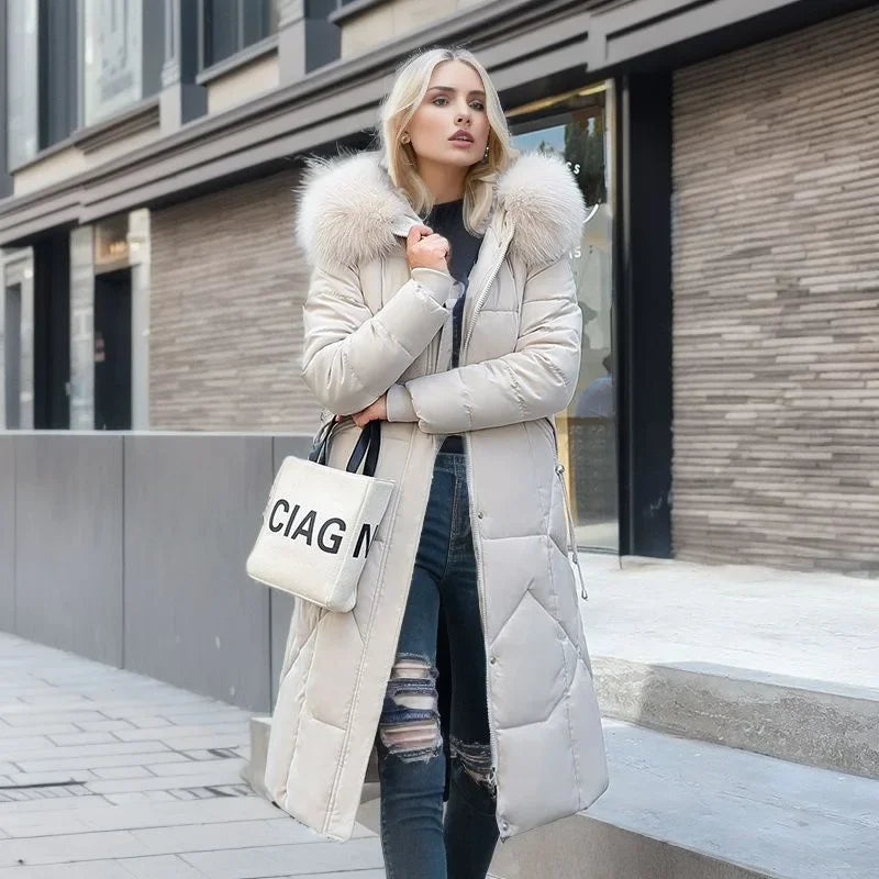 Women's Winter Windproof Warm Solid Parkas Coats Fashion Casual Hooded Long Sleeve Pockets Simple Elegant Slim Long Coats Female