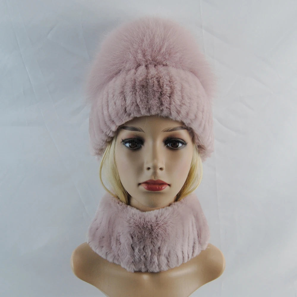 New Winter Lady Brand Hand Make Real Genuine Fox Fur Hat Scarf Girls Natural Real Rex Rabbit Fur Ring Cap Real Fur Scarves Hats