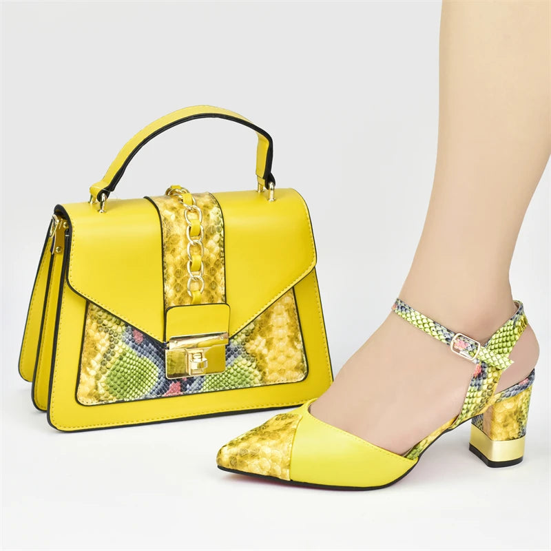 New Design Italian Shoe and Bag Set for Party In Women Ladies Shoes and Sandals Snake Print Heels Wedding Shoes for Women Bride